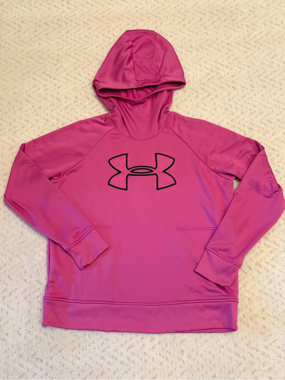 Under Armour Loose Pullover Hoodie Womens Size XL Big Logo Pockets Purple Pink
